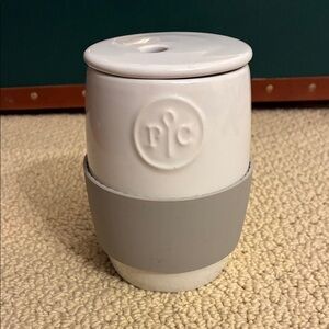 New never used. Pampered chef White and Gray Ceramic egg cooker Mug with Lid